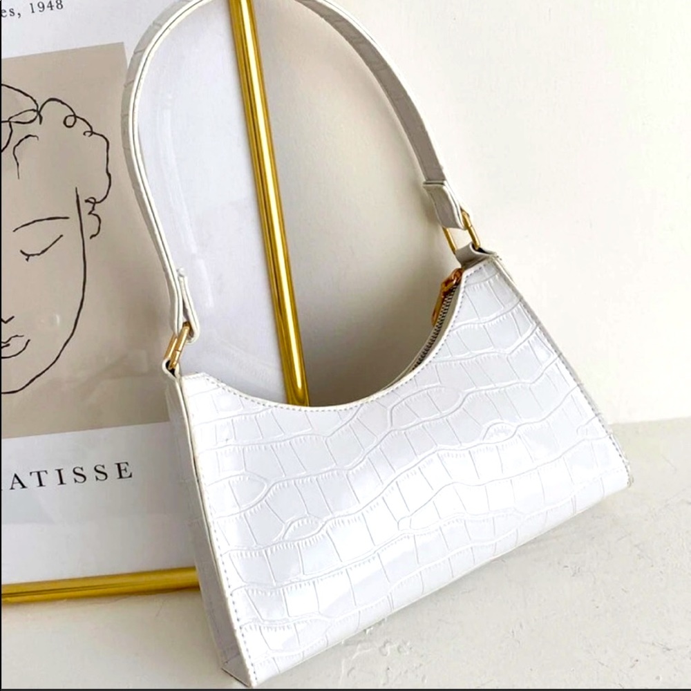 White Faux Crocodile Baguette Bag
